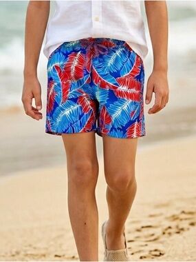 NWT - Toddler Boys Red Blue Hawaiian Swim Trunk Drawstring Waist- Size 3T
